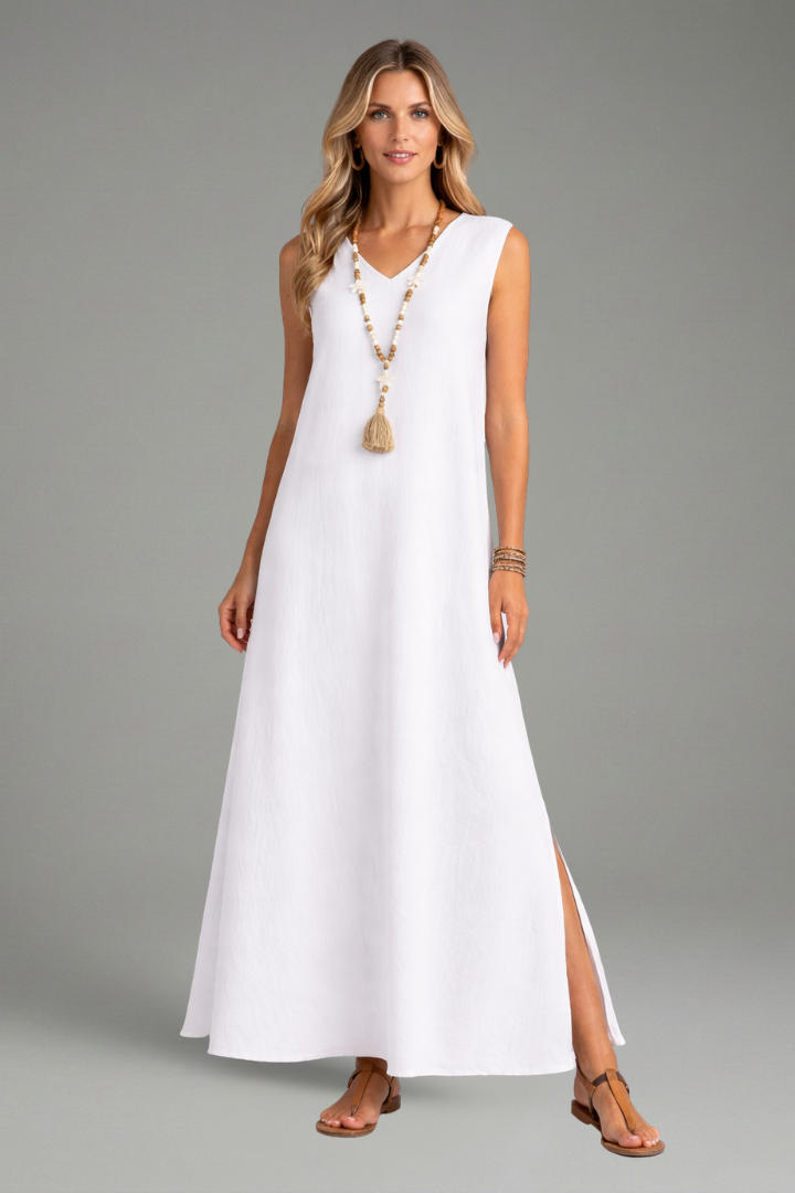 Flowy women's maxi dress with a flattering V-neckline & high side slit, offering comfort and style.