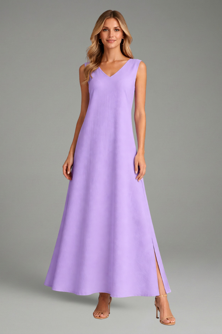 Stylish V-neck sleeveless maxi dress for women, showcasing a modern side slit, versatile for any occasion.