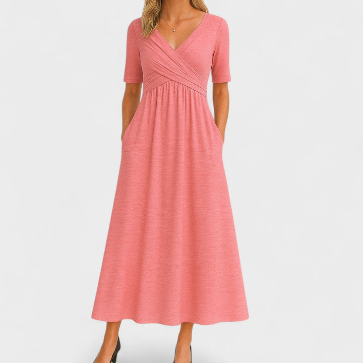Women's flattering V-neck short sleeve midi dress. Elegant design, perfect for summer parties & special events.
