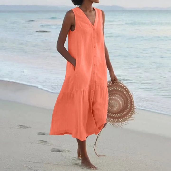 Comfortable women's V-neck midi sundress with button detail, great for summer casual and elegant spring outfits.