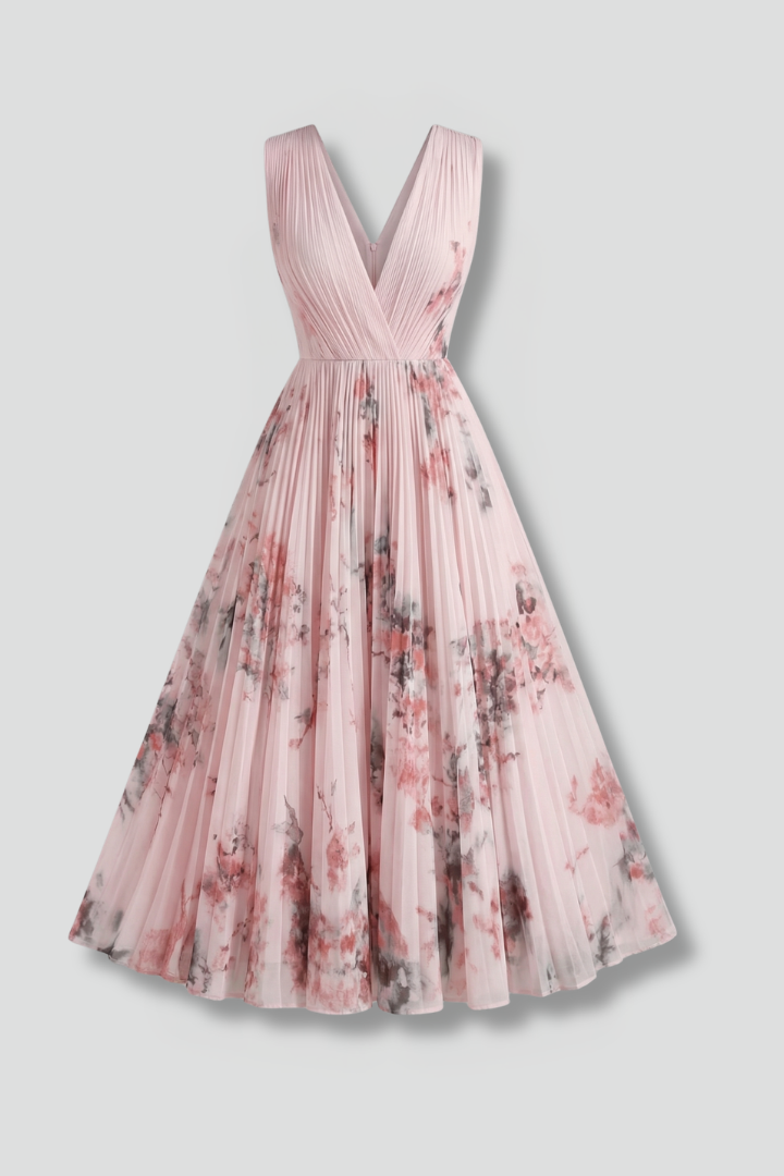 Women's elegant V-neck pleated sleeveless midi dress, perfect for chic summer occasions.