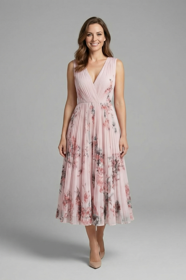 Chic women's printed V-neck sleeveless midi dress, ideal for a flattering, elegant look.
