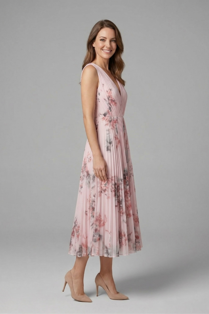 Stylish women's sleeveless V-neck pleated midi dress, an elegant summer fashion essential.