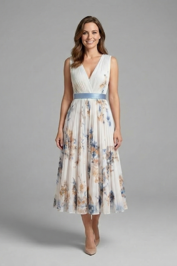 Women's printed sleeveless V-neck midi dress, offering an elegant & chic summer style.