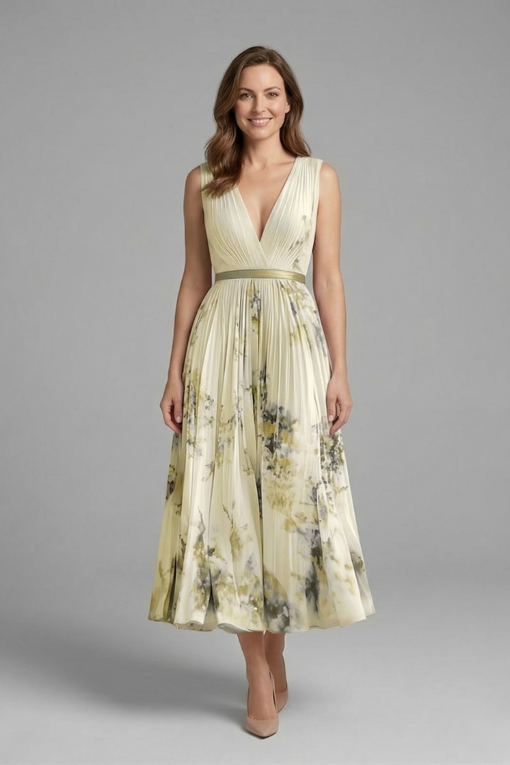 Sophisticated women's V-neck pleated sleeveless midi dress, great for elegant events.
