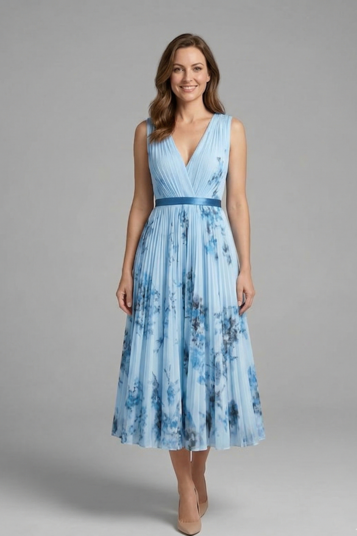 Women's chic V-neck sleeveless midi dress with pleats, perfect for a flattering summer outfit.