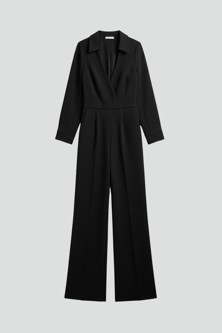Women's elegant wide leg jumpsuit with shirt collar, long sleeves & button front.