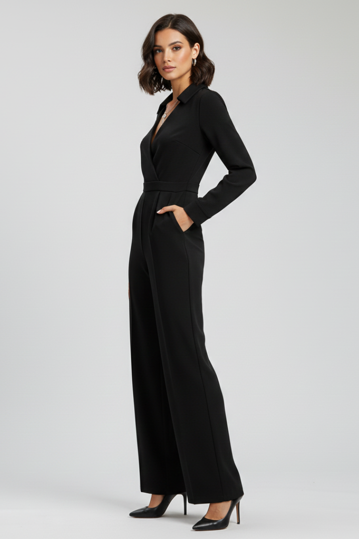Modern women's collared wide-leg jumpsuit, designed for an elegant & comfortable fit.