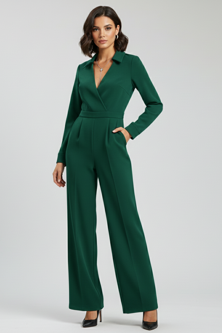 Women's button-front wide-leg jumpsuit. Classic shirt collar and long sleeves create a modern look.