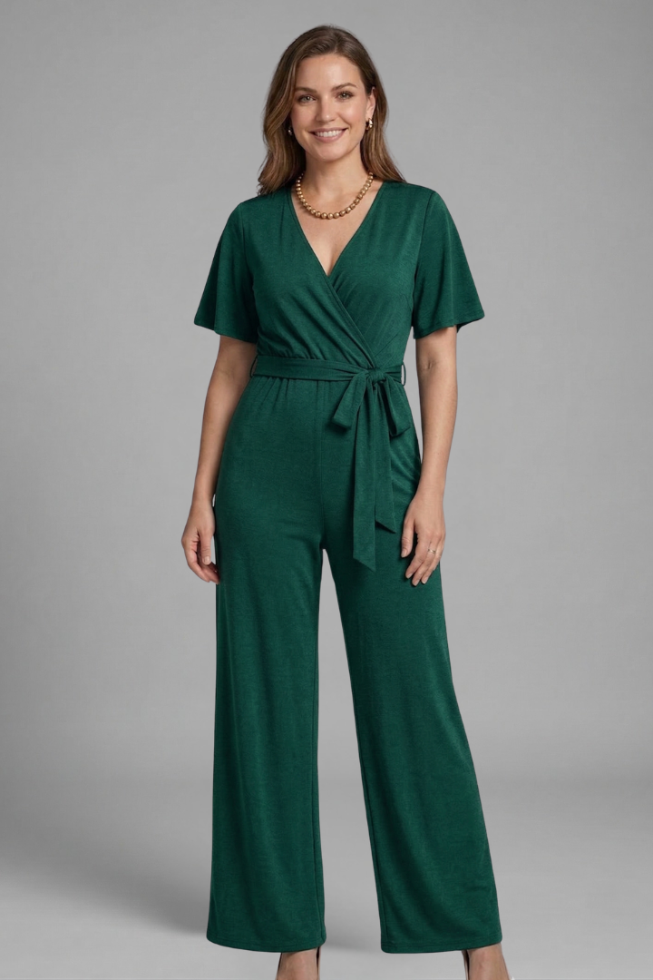 Elegant women's one-piece jumpsuit featuring a flattering wrap front and comfortable tie waist design.