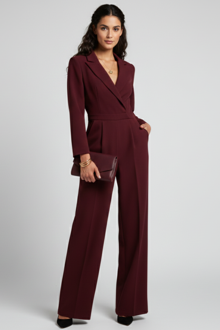 Flattering V-neck wrap jumpsuit for women, featuring stylish wide leg and long sleeves.
