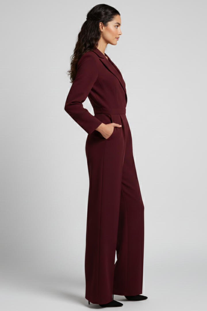 Fashionable women's long sleeve jumpsuit, offering a sophisticated wrap front and wide leg.