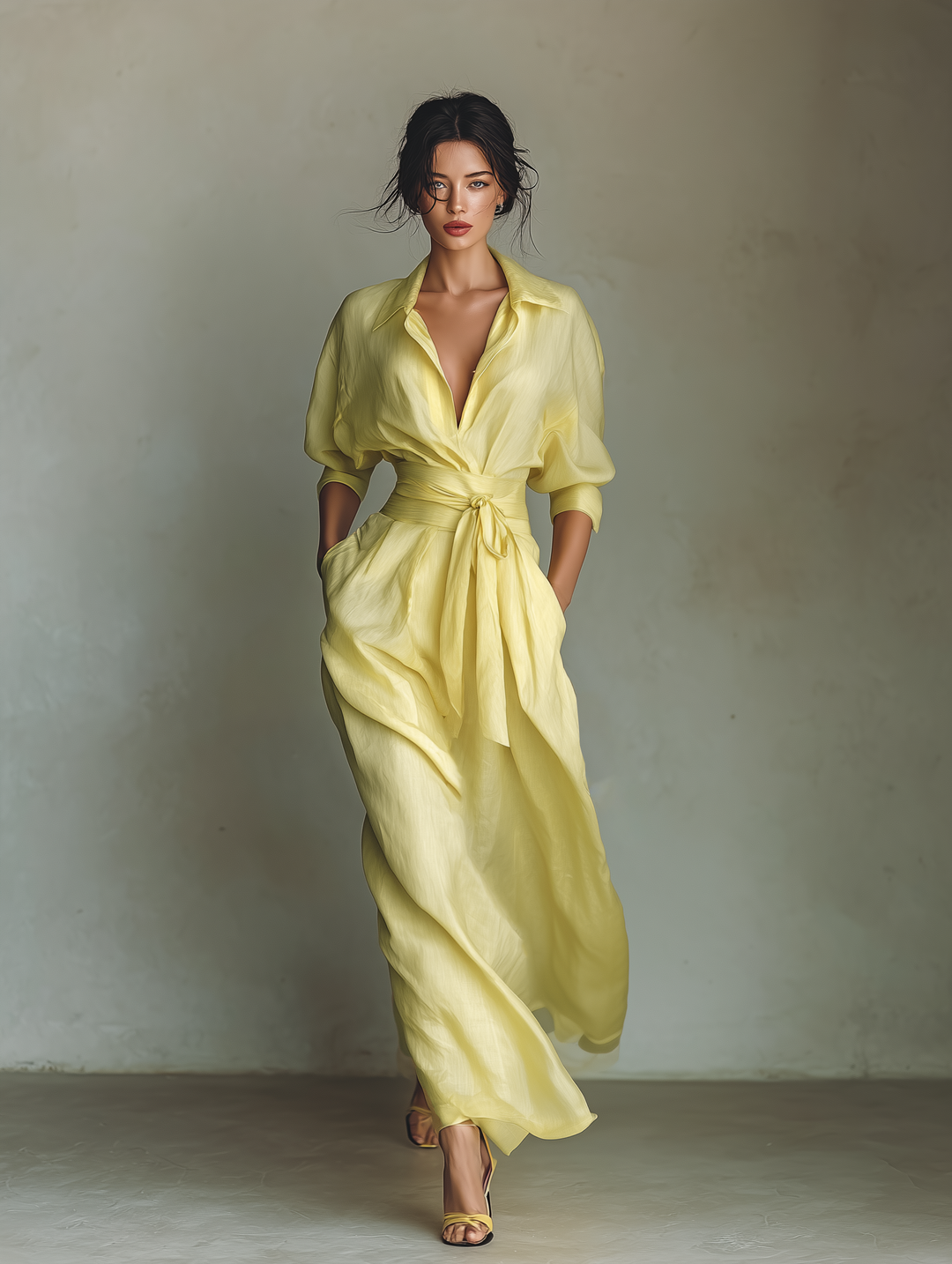 Chic women's yellow maxi shirt dress, long & elegant. Casual summer style with a flattering tie-waist design.