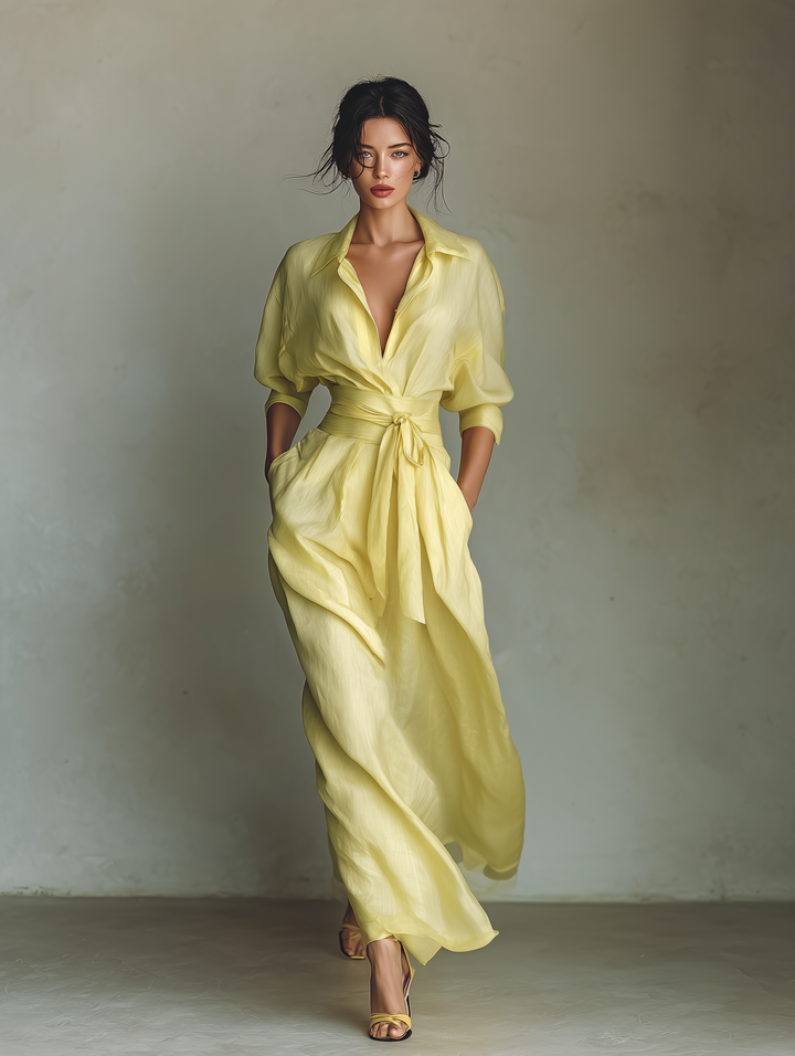 Chic women's yellow maxi shirt dress, long & elegant. Casual summer style with a flattering tie-waist design.