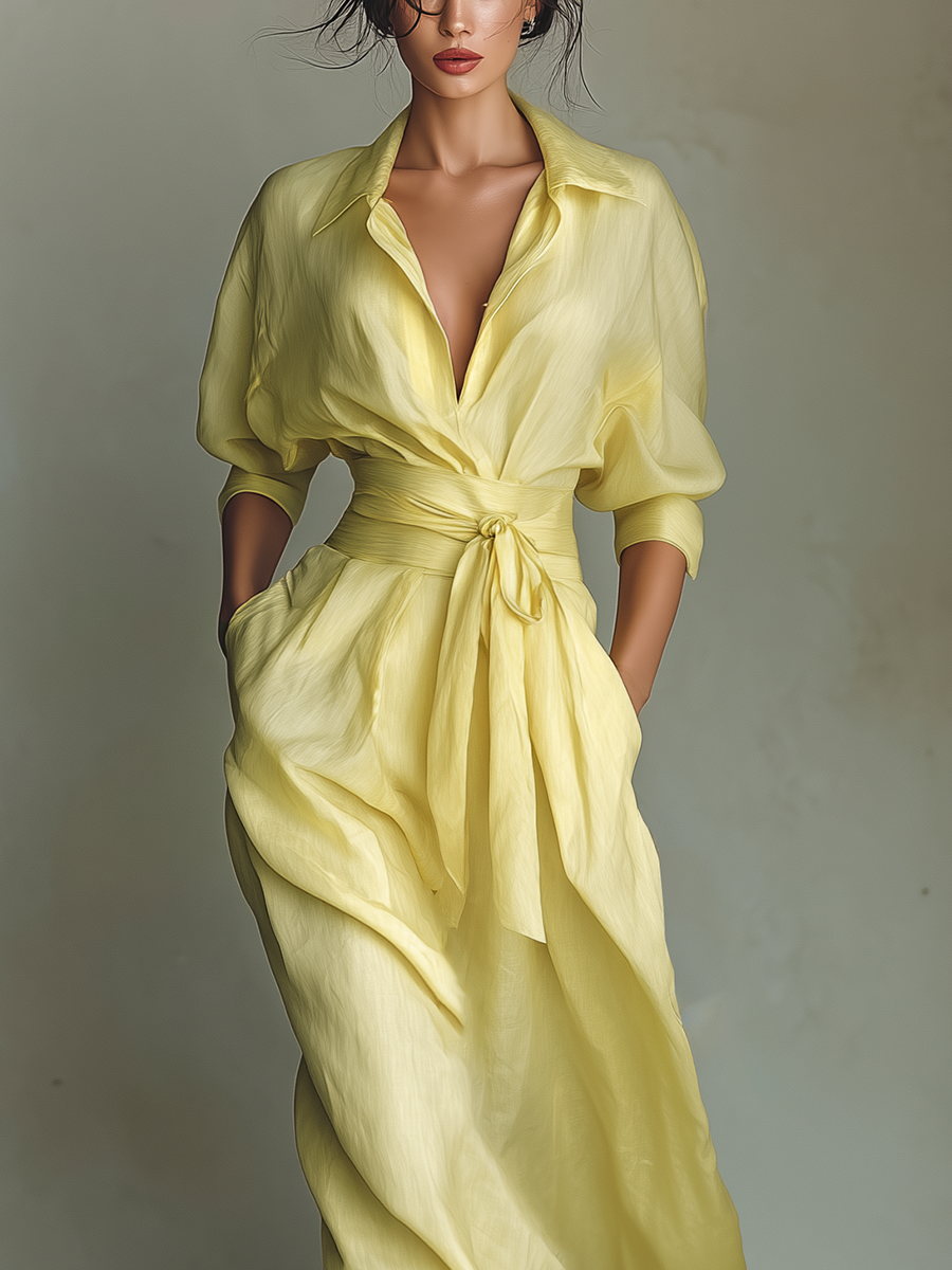 Flowing yellow maxi shirt dress for women. Elegant long casual style, perfect resort wear with a tie-waist detail.