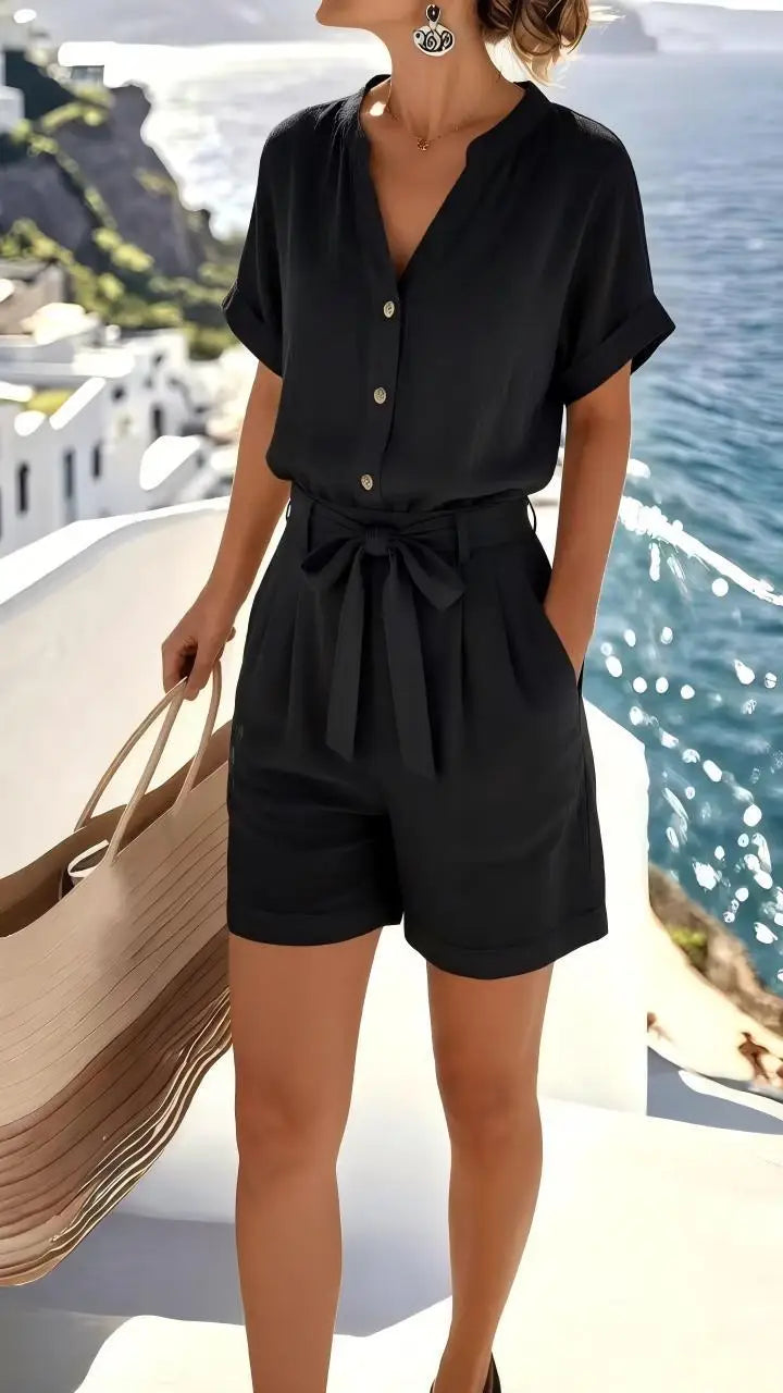 Sleeveless Elowen tie-front romper for women, featuring a relaxed fit and lightweight fabric for ultimate summer comfort.