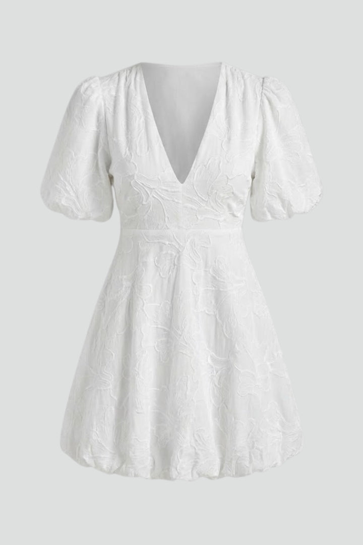 Women's embroidered floral puff sleeve mini dress with V-neck. Perfect for summer fashion & spring.