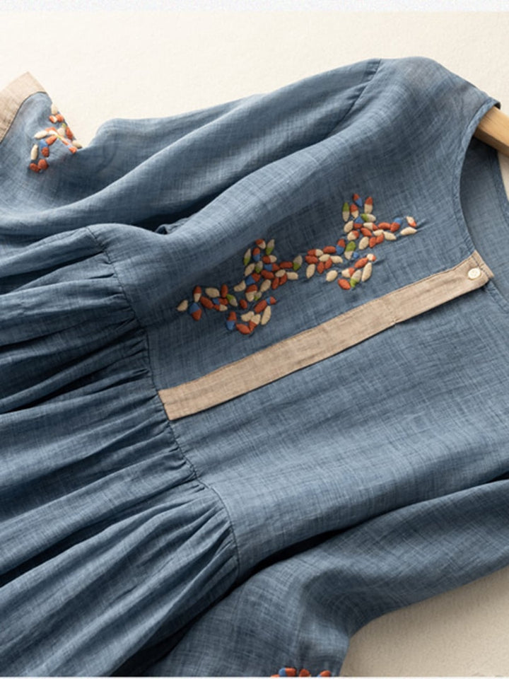 Boho elegant women's embroidered midi dress, loose fit, mid sleeves, perfect for comfortable summer wear.