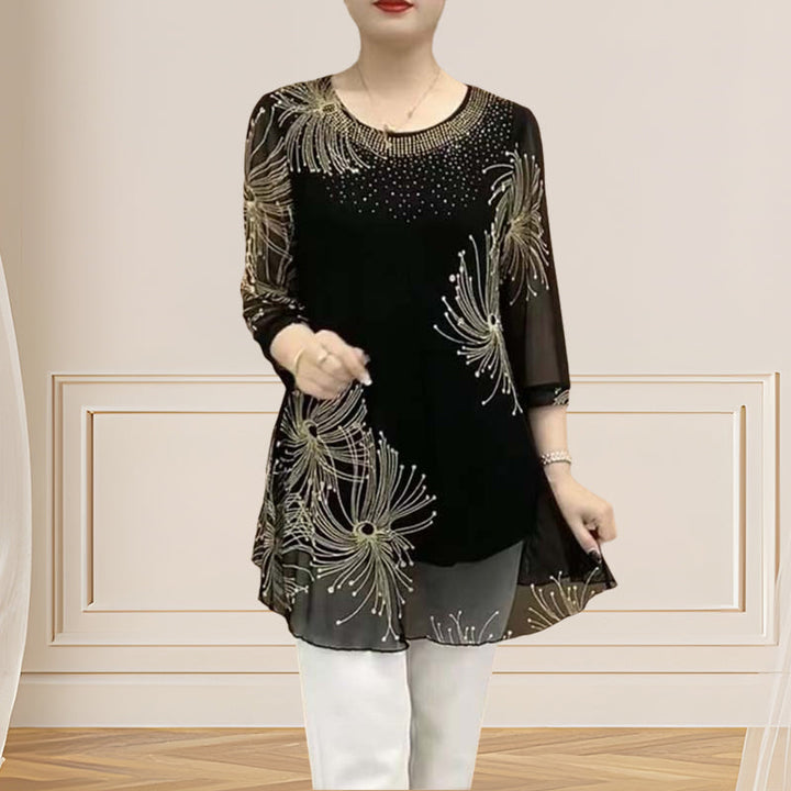 Women's fashion embroidered mesh top, round neck, perfect for summer outfits, 3/4 sleeve