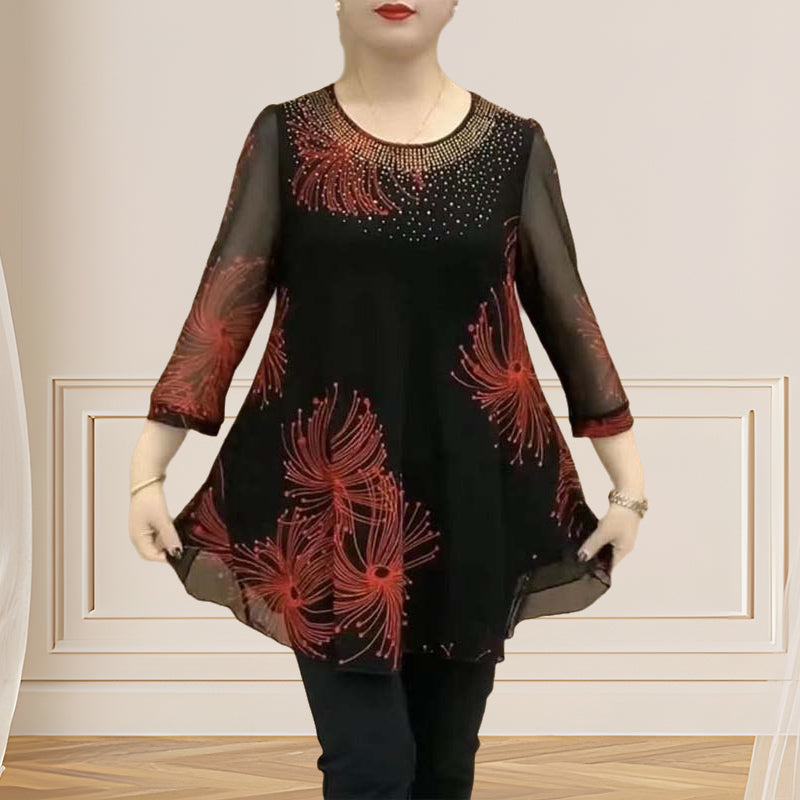 Folded women's casual embroidered mesh t-shirt, round neck, showing polyester material