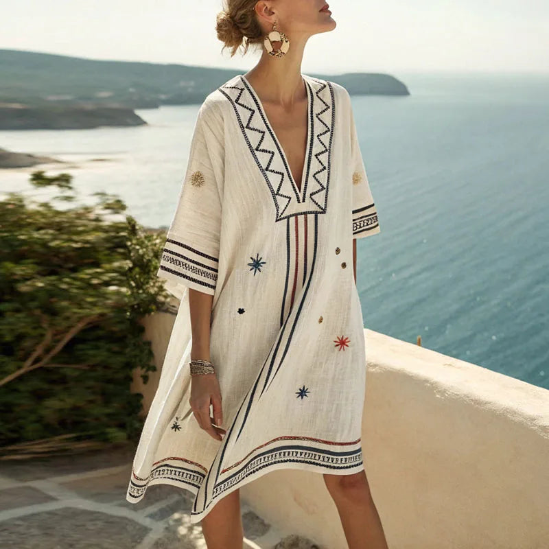Women's embroidered V-neck kimono beach dress. Relaxed fit summer cover-up, perfect for resort wear or holiday.