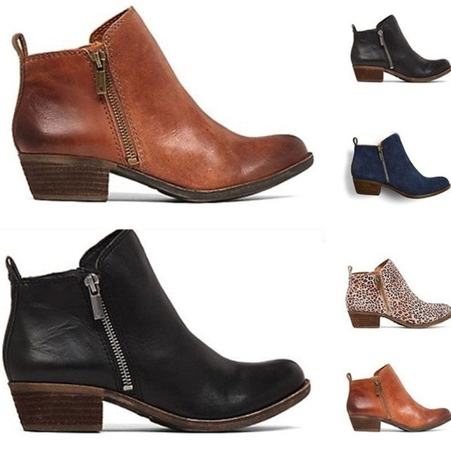 Women's ankle boots: comfortable everyday footwear with a block heel, side zip & rounded toe.