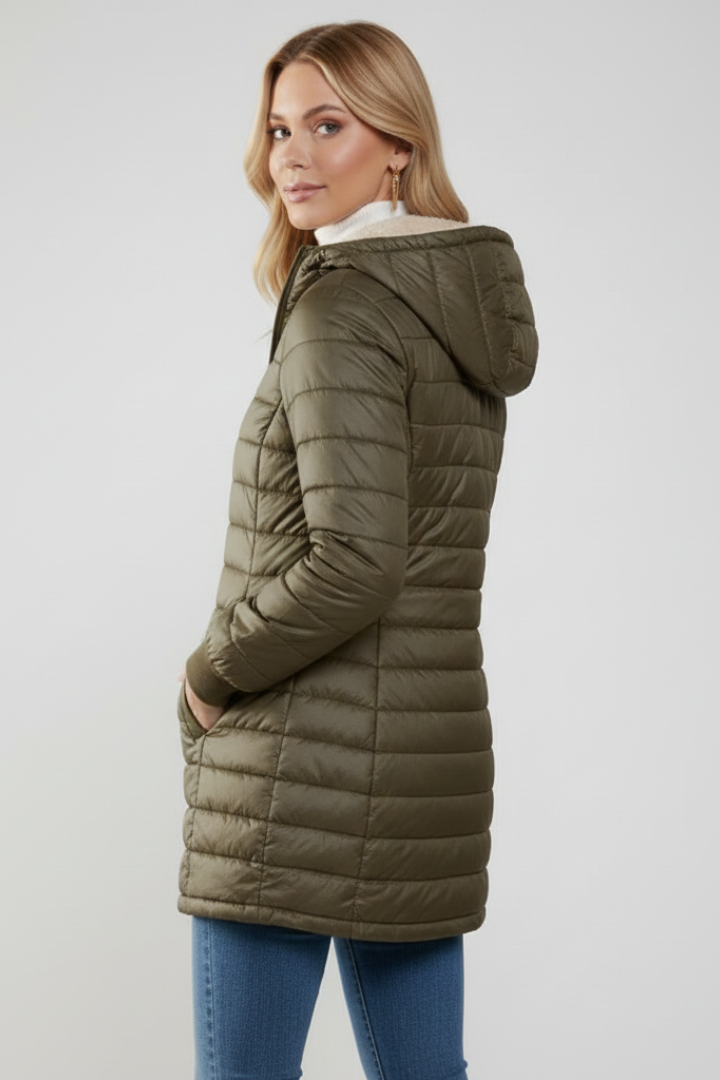 Front view of a women's casual zip jacket with hood, essential for daily style.