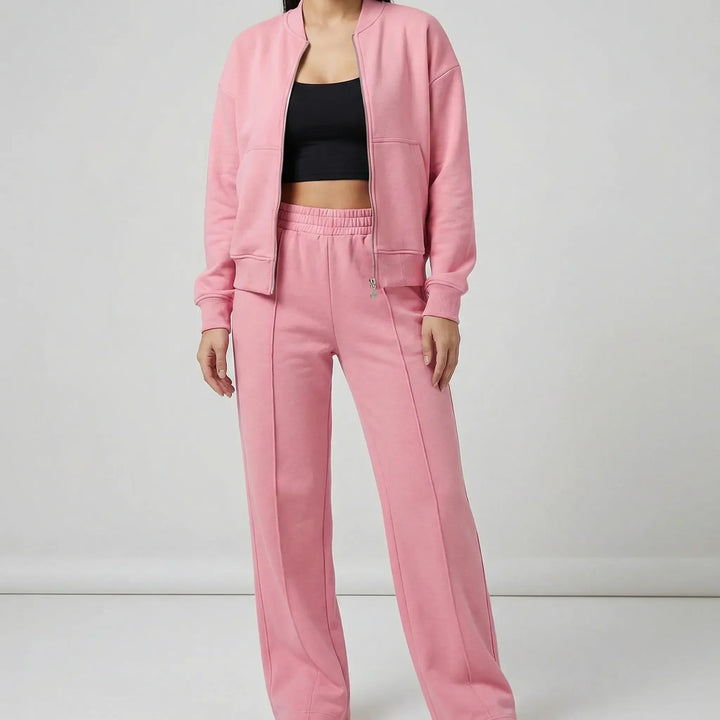 Coordinated women's two-piece set, regular fit straight leg trousers, stylish for spring & fall fashion.