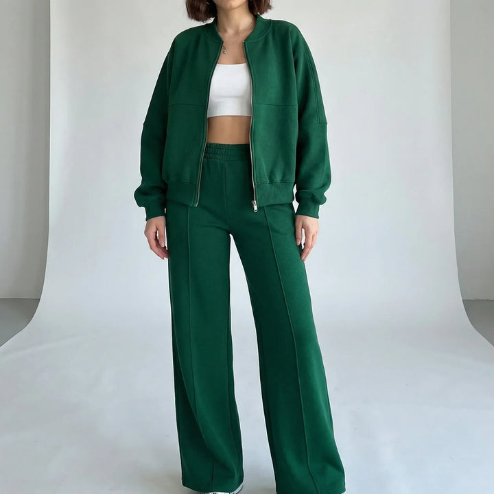 Stylish top of the women's regular fit straight leg trousers set, part of a coordinated two-piece outfit.