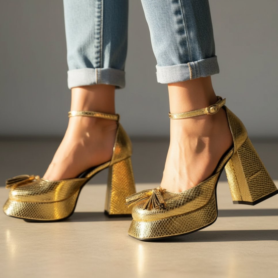 Women's exotic midnight party heels with elegant tassel, square heel & supportive ankle strap.