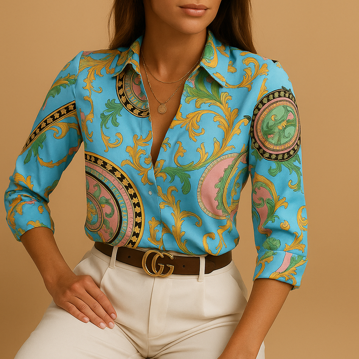 Stylish women's long sleeve printed blouse, an expressive fashion top for elegant casual wear.