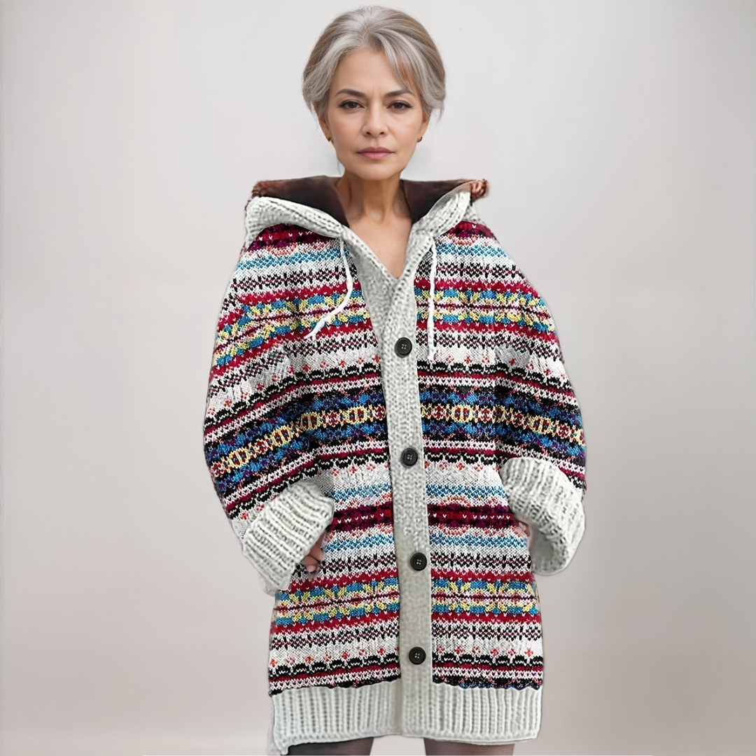 Women's Fair Isle hooded knit cardigan with a classic pattern, ideal for cozy winter fashion layering.