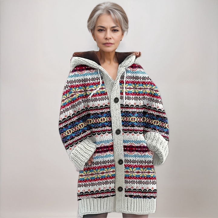 Women's Fair Isle hooded knit cardigan with a classic pattern, ideal for cozy winter fashion layering.