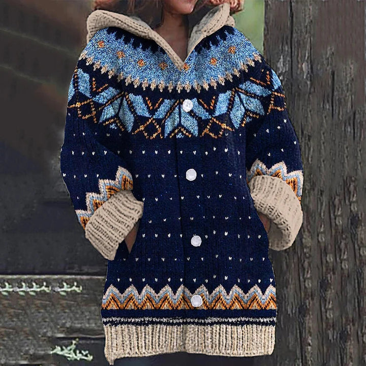Close-up of a Women's Fair Isle knit cardigan, showcasing the intricate patterned detail and soft texture.