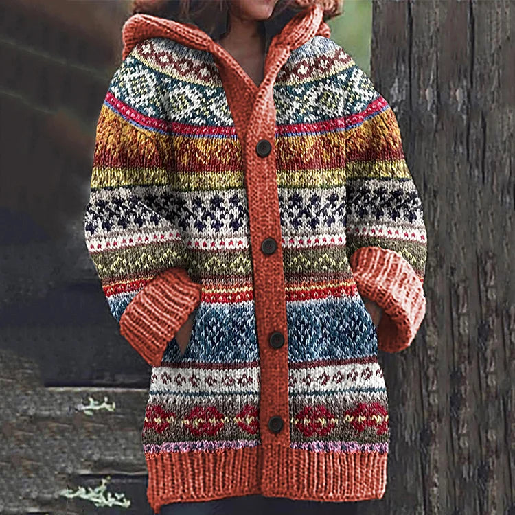 Full-length view of a Women's Fair Isle hooded cardigan, styled for a relaxed fit and casual wear.