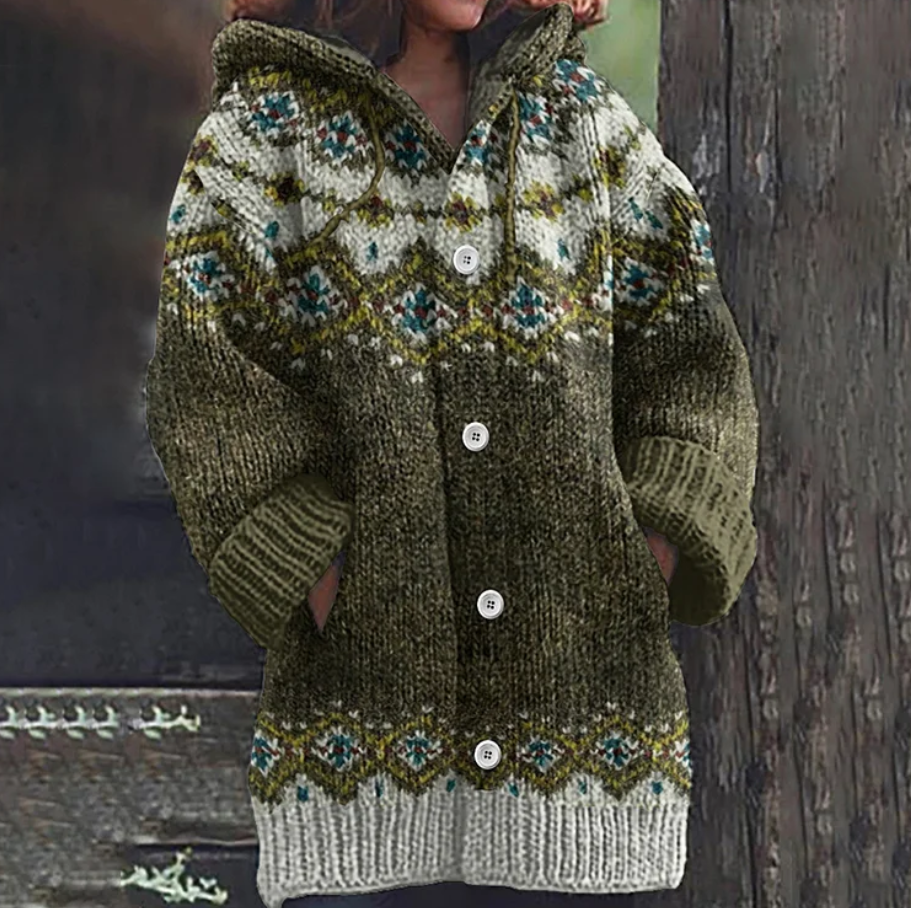 Boho style Women's Fair Isle knit hooded sweater, perfect for seasonal layering during winter.