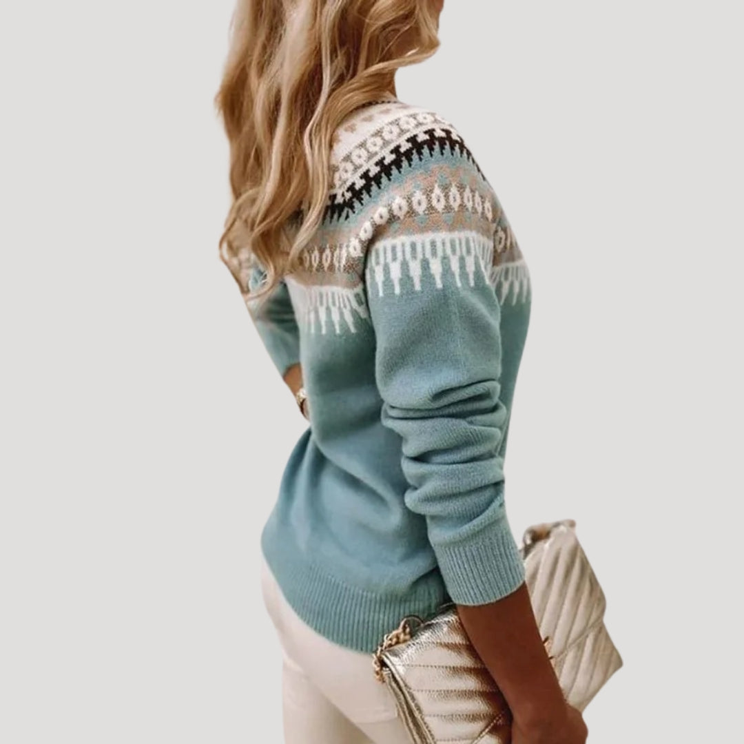 Casual women's spring sweater featuring a beautiful Fair Isle knit pattern and round neckline