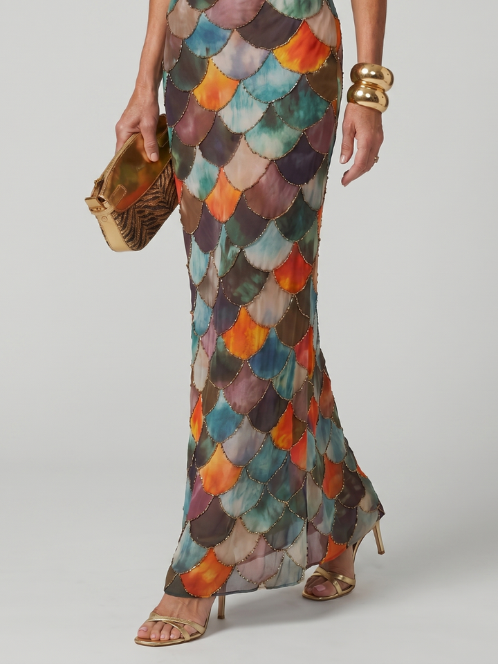 Elegant women's pull-on halter maxi dress with striking geometric print, perfect as a spring summer statement piece.