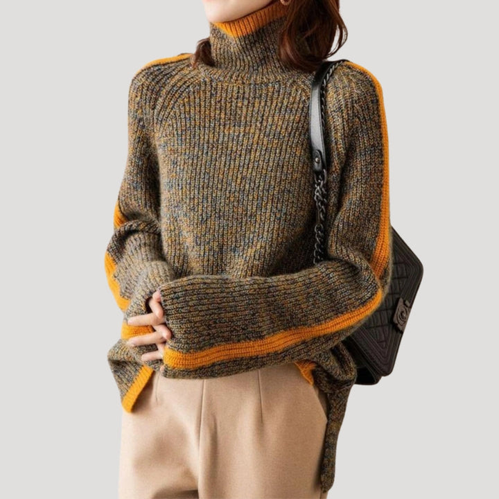 Elegant women's long sleeve ribbed turtleneck sweater, a versatile knitwear piece for spring fashion.