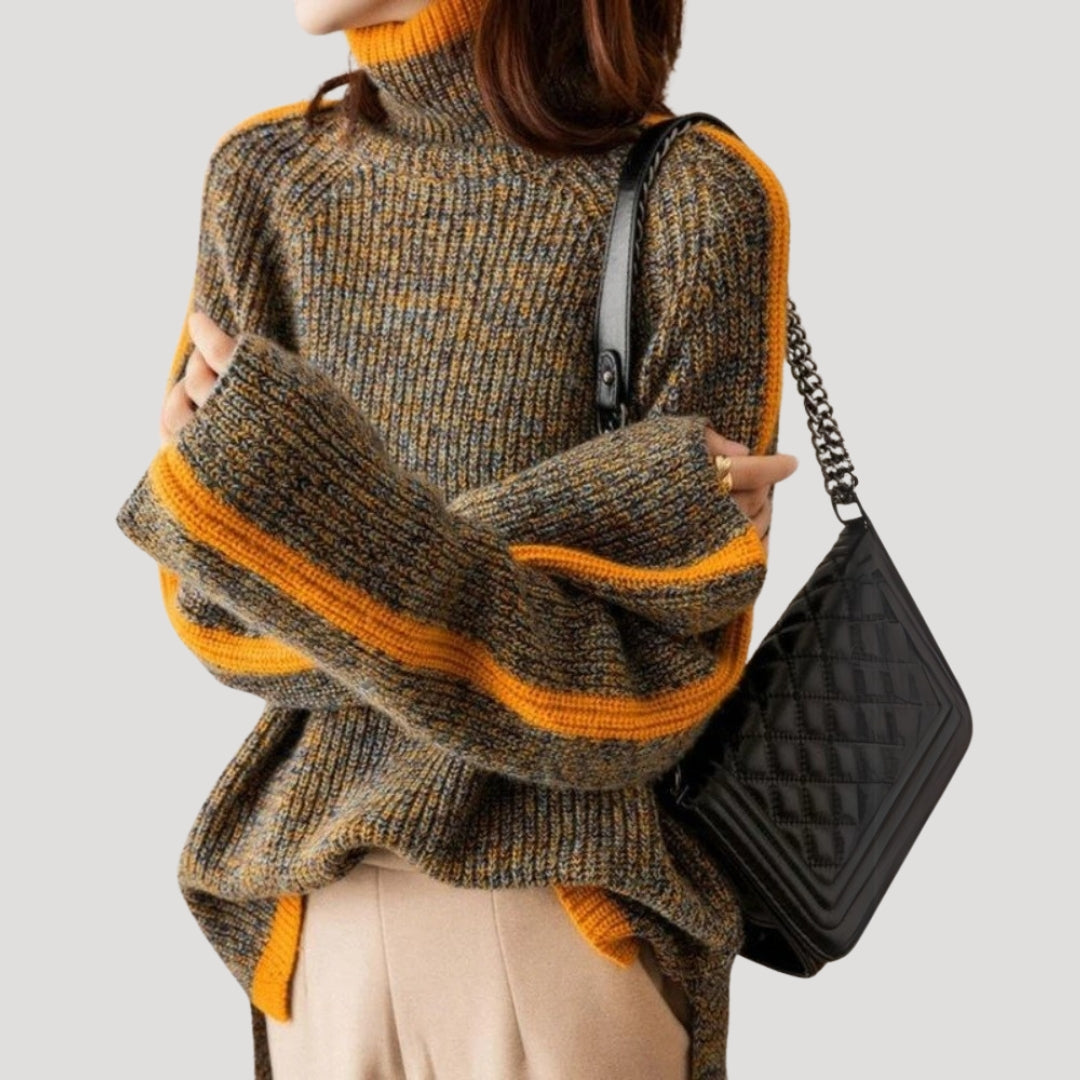 Close-up of the ribbed detail on a women's cozy knit turtleneck sweater, ideal for casual chic outfits.
