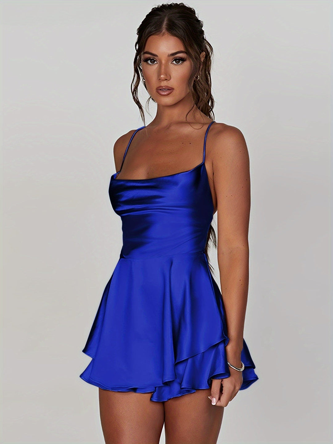 Stylish women's fitted mini homecoming dress, ruched top & tiered skirt.