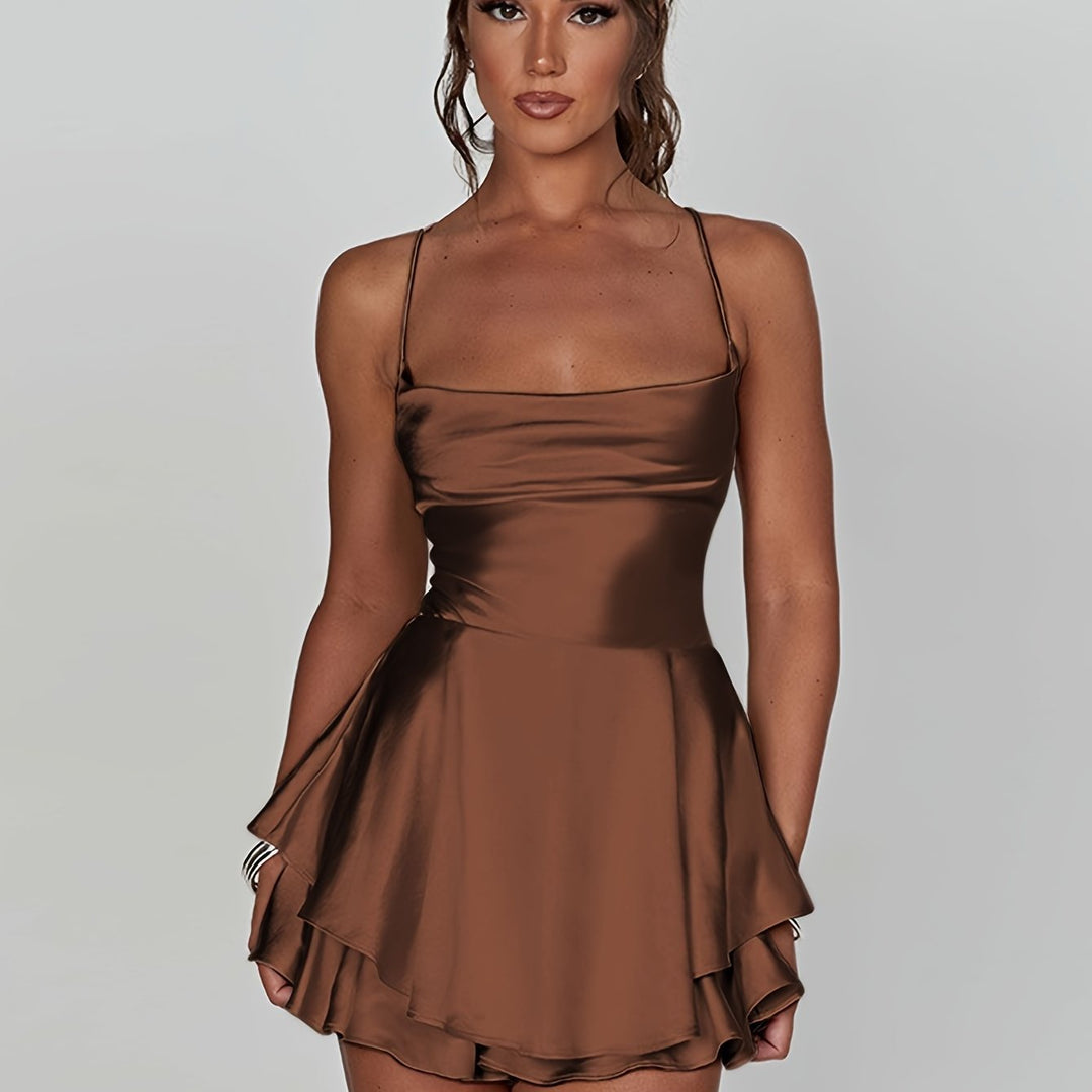 Sophisticated women's fitted ruched tiered mini dress, perfect for homecoming & formal events.