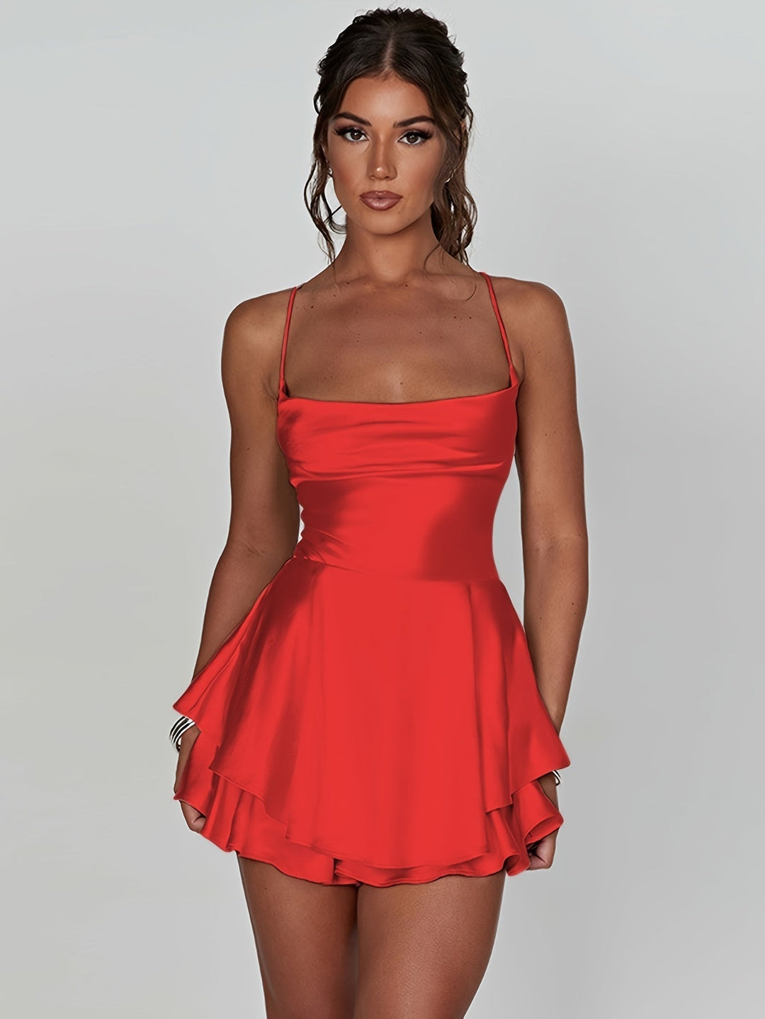 Sophisticated women's fitted ruched mini party dress with a trendy tiered skirt.