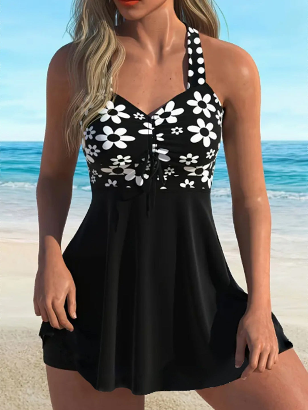 Fashionable women's strap top and swim shorts set, versatile beachwear for your next vacation.