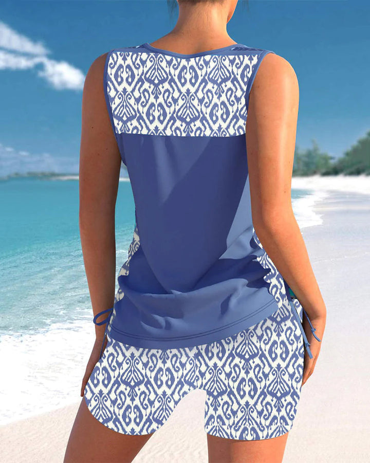 Flattering women's tankini beachwear, a two-piece swimsuit with integrated tummy control feature.