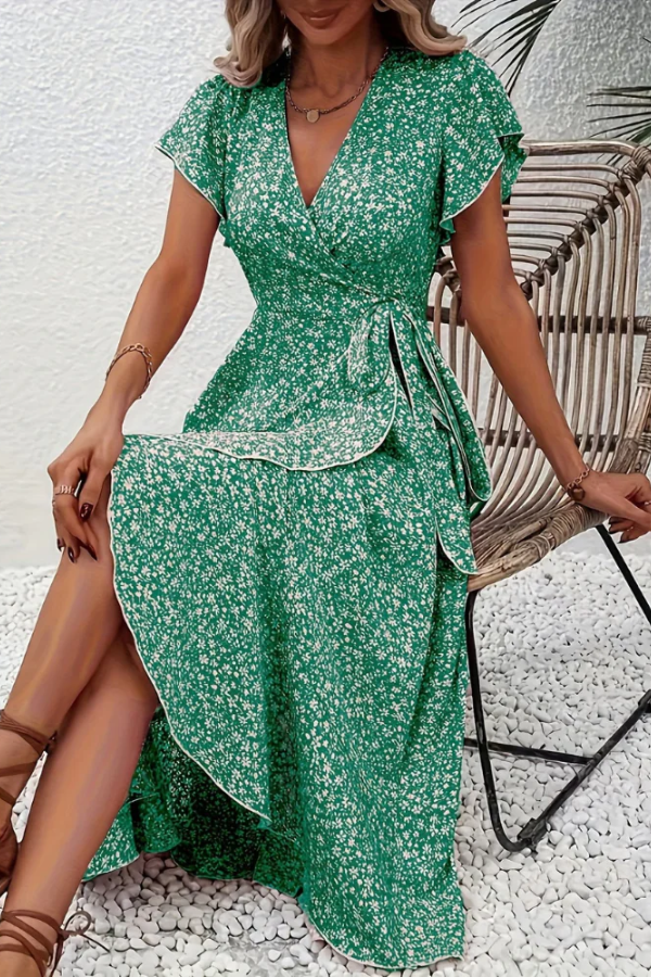 Back view of elegant women's V-neck short sleeve dress, flattering silhouette, perfect for parties.