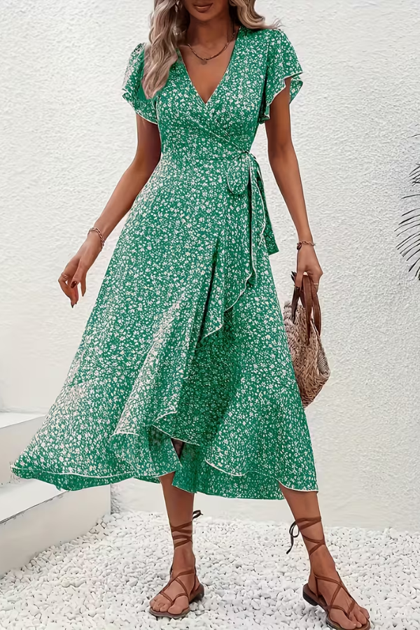 Side view of chic women's V-neck short sleeve midi dress, flattering and versatile for casual or party.