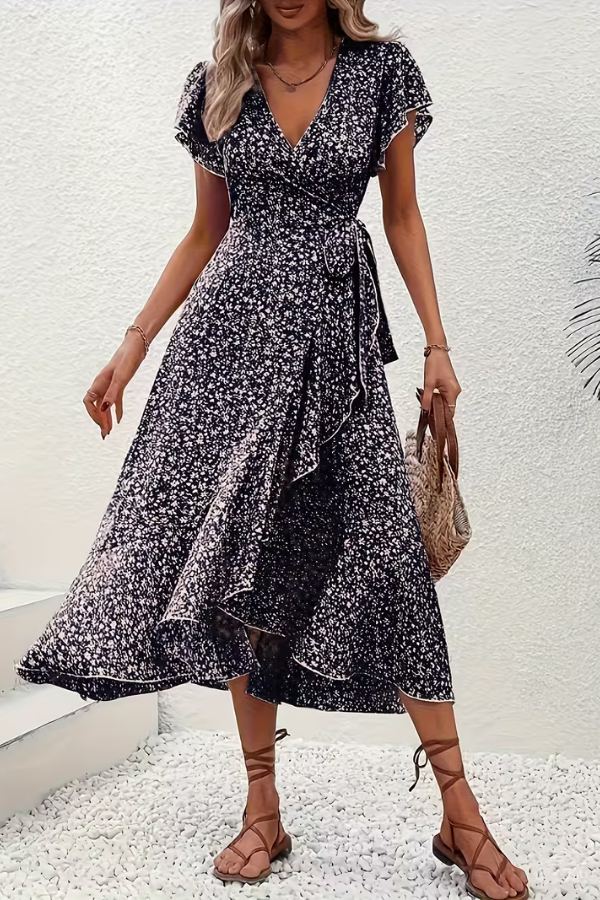 Feel confident in this stylish women's V-neck midi dress, short sleeve, flattering for any elegant occasion.