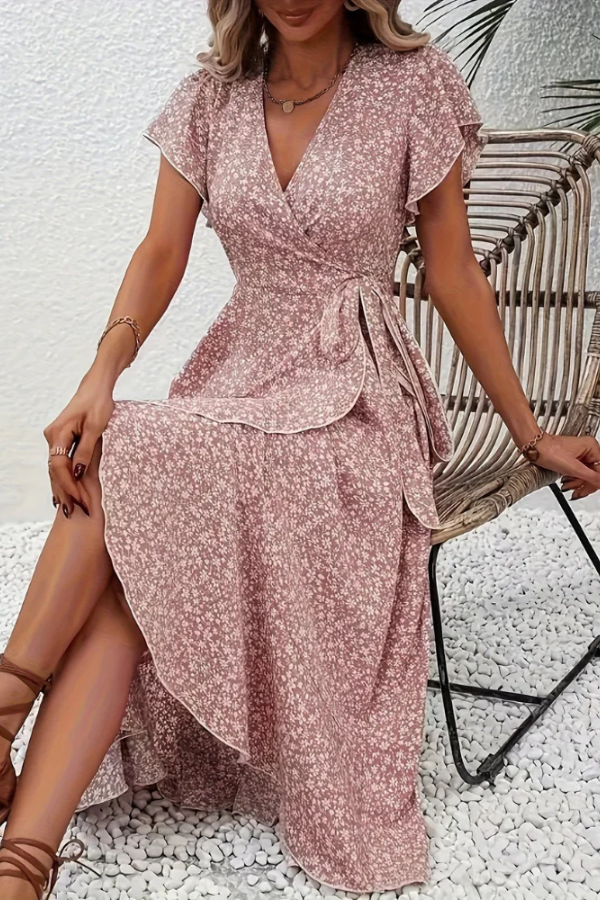 Elegant V-neck short sleeve women's midi dress with a flattering floral print, versatile for day to night.