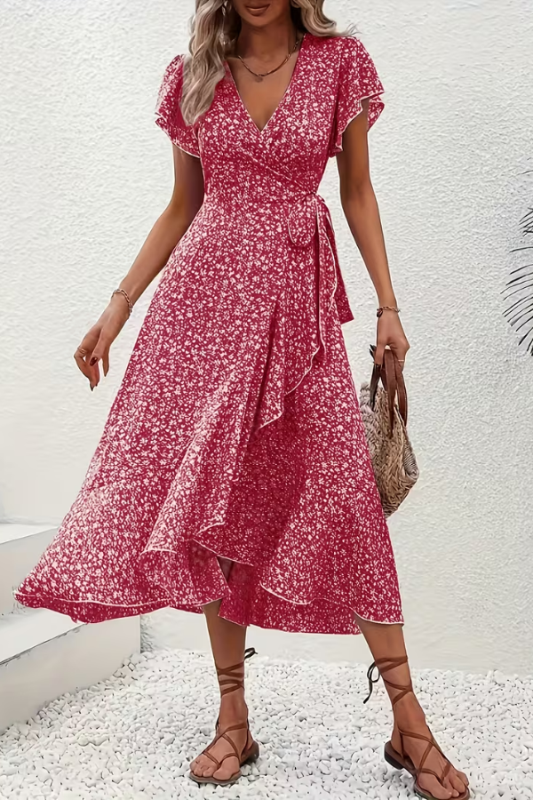 Flattering fit V-neck women's dress, short sleeve, elegant and chic for summer casual or party events.